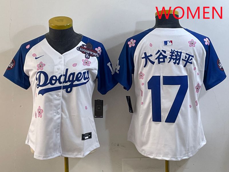 Women Los Angeles Dodgers #17 Ohtani White Blue Sakura Edition 2025 Nike MLB Jersey style 17->women mlb jersey->Women Jersey